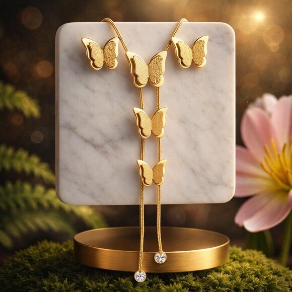 NKULTD Jewelry - 18k Gold Plated Lariat Necklace Earrings Set Stainless Steel Butterfly Y-Drop